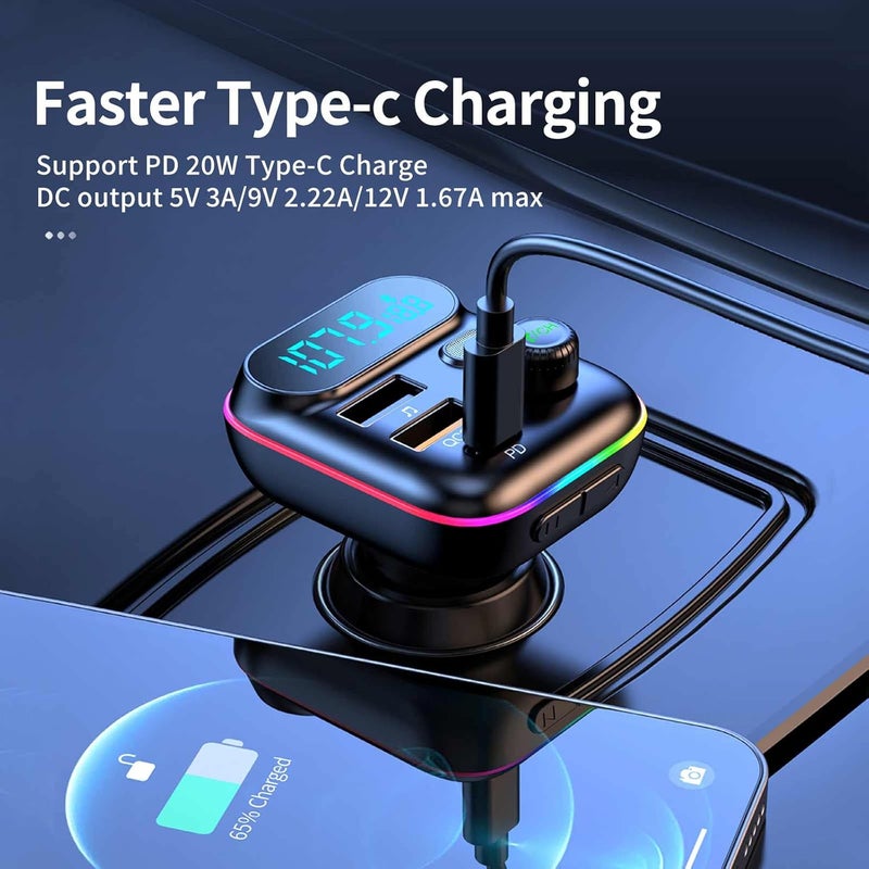 Sanxup Bluetooth Adapter for Car, Wireless FM Radio Transmitter, Wireless Bluetooth 5.0, MP3 Music Player, QC3.0 + PD 20W USB Car Charger, 7 Colors LED Backlit - Image 4